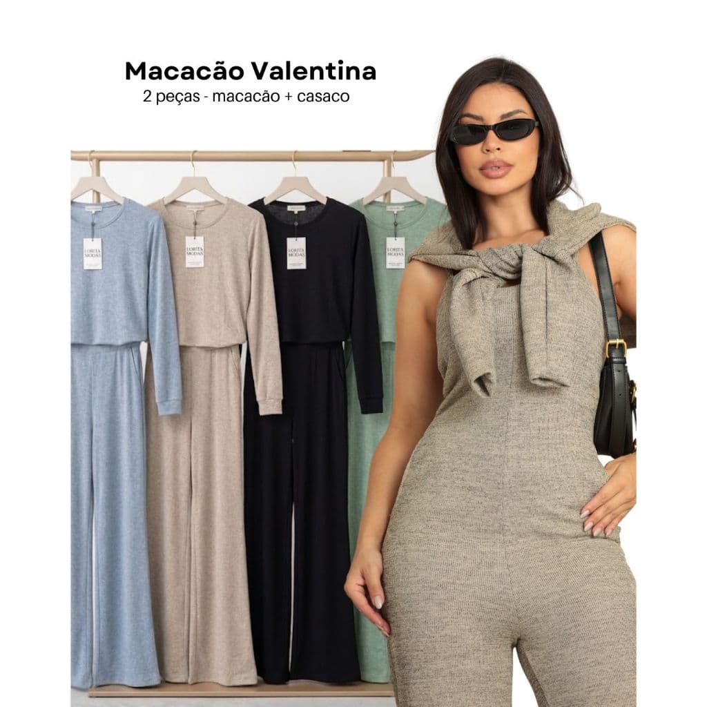 Conjunto Feminino Macacão + Casaco Malha Rib Canelada Ajustável Moda Inverno Elegante Confortável 38 ao 42