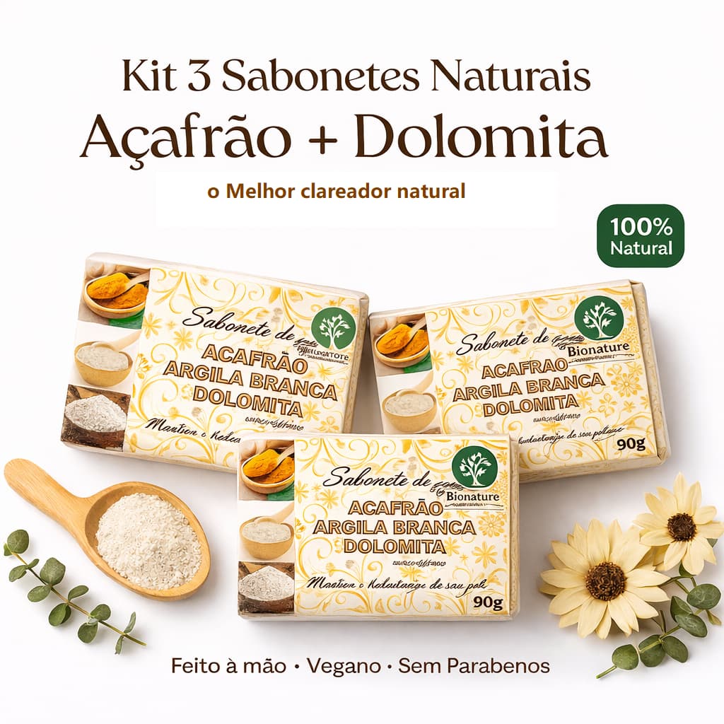 Kit 3 Sabonetes Naturais de Açafrão Dolomita 90g Vegano, Artesanal Sem Parabenos, 100% Natural