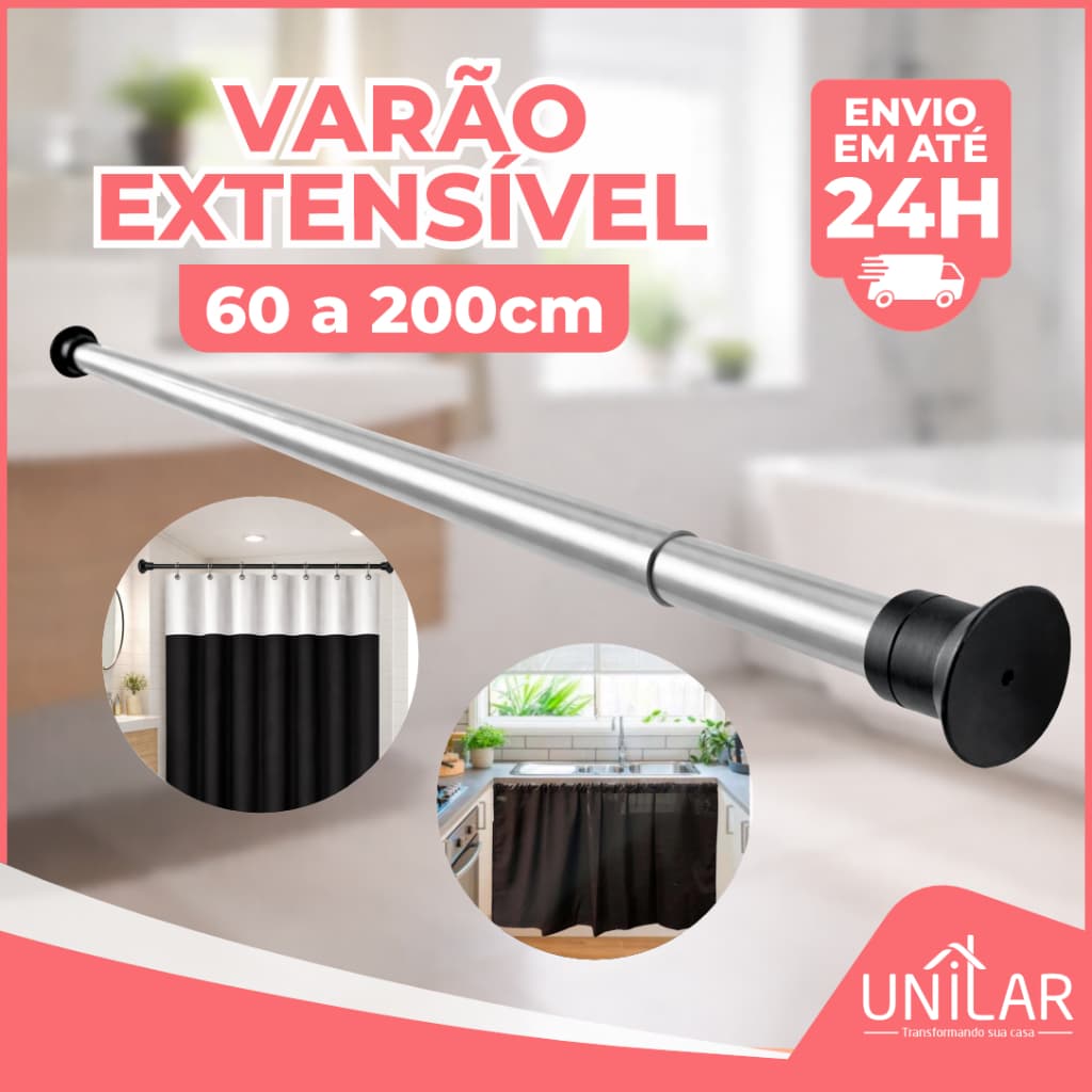 Varão Extensível Ajustável de Alumínio 60cm a 2m para Cortina, Box Banheiro e Suporte Guarda Roupas