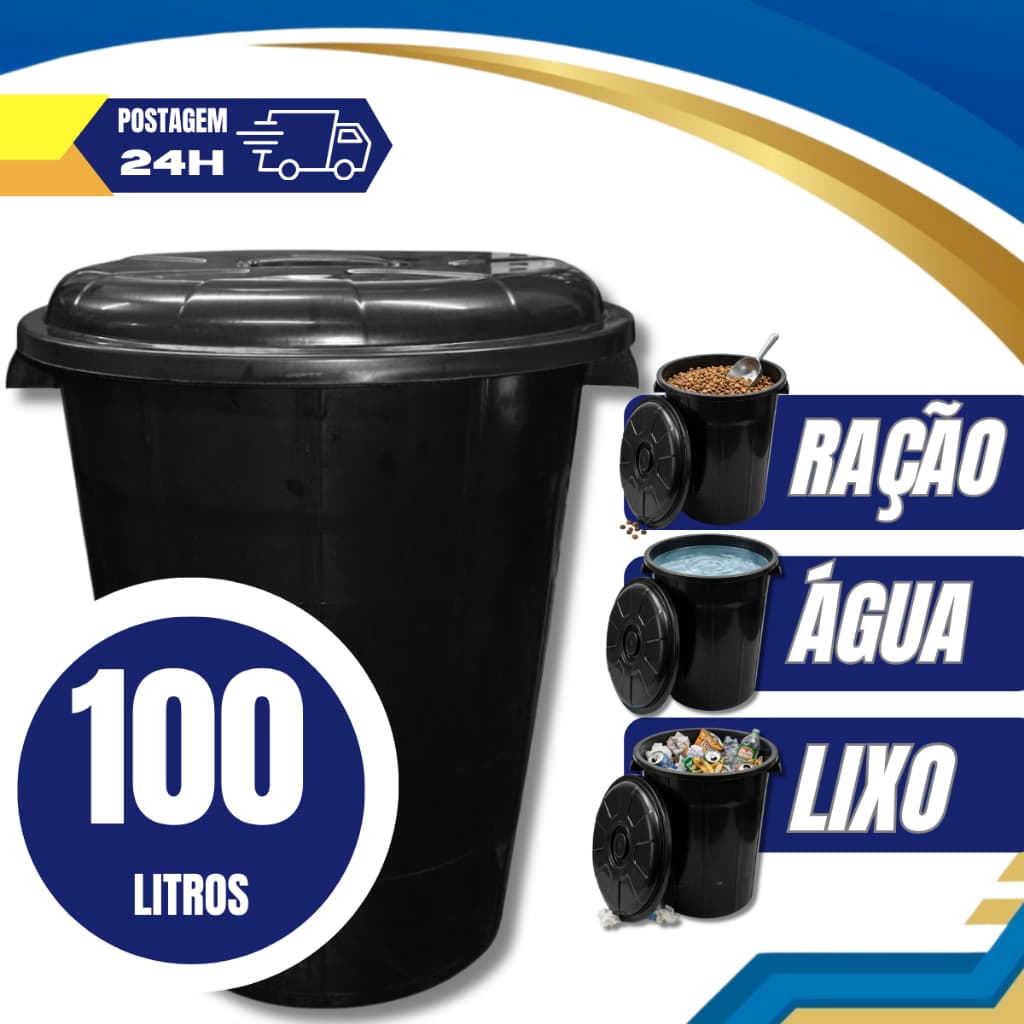 Cesto de Lixo Lixeira Cestão 100 Litros Preto Reforçado com Tampa