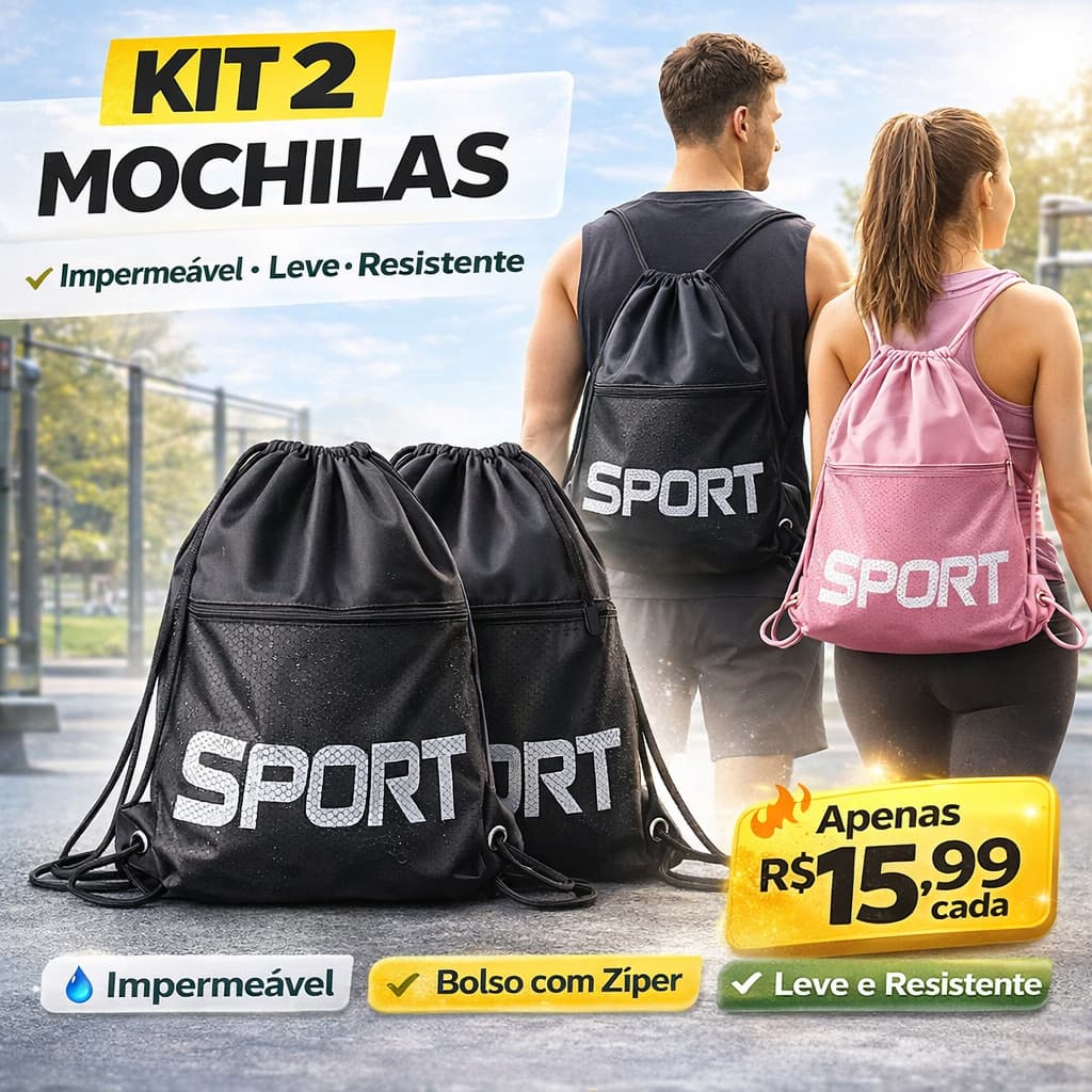 Kit 2 Mochila Saco Academia Impermeável Esportiva Bolsa Treino Com Bolso Zíper