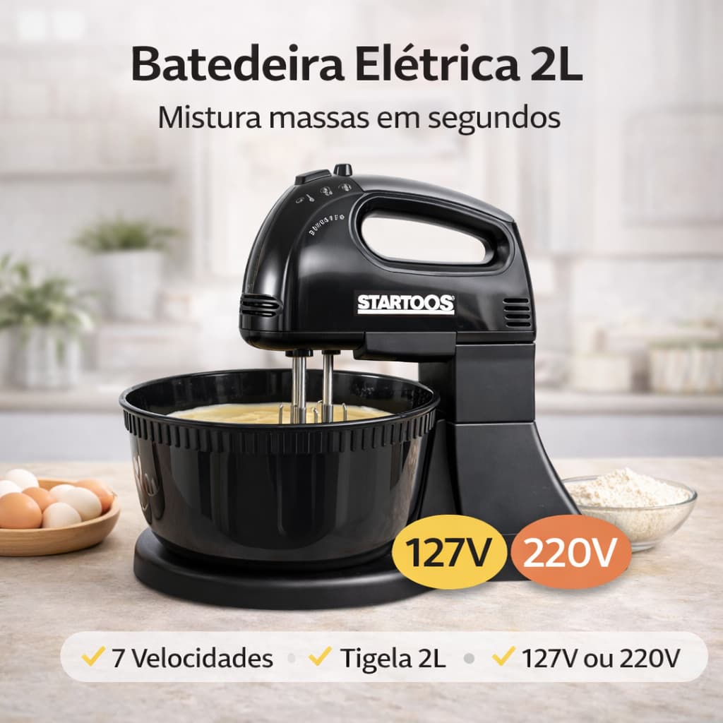 👉 Batedeira Elétrica 2L 7 Velocidades com Tigela Giratória 110V ou 220V Potente Compacta para Bolos e Massas