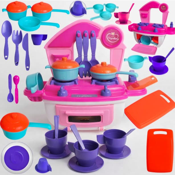Kit Cozinha Brinquedo Infantil 28pçs Fogão Forno Panelinhas Xícaras Acessórios Faz de Conta