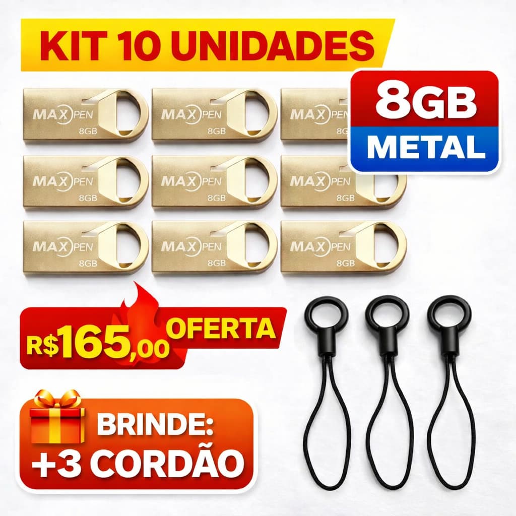 💥 KIT 10 PEN DRIVES 8GB METAL + BRINDE 🎁