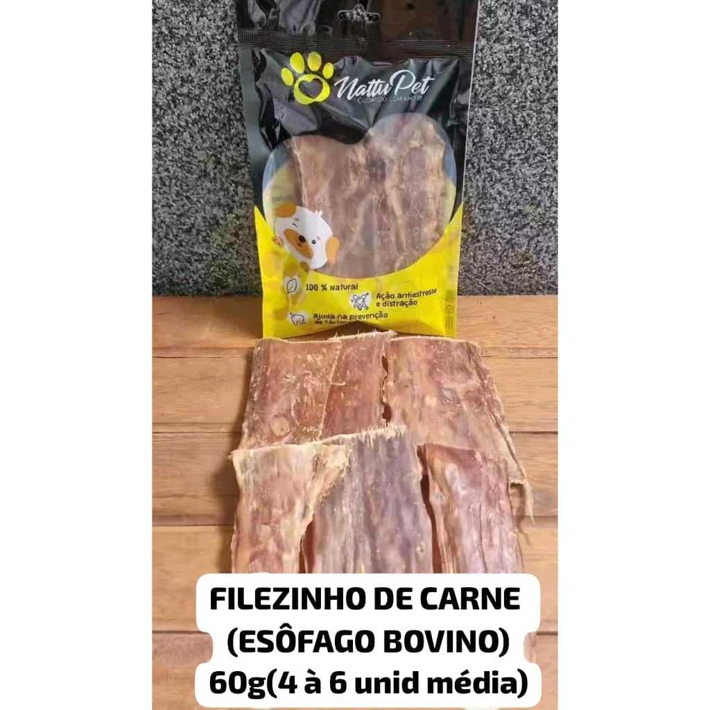 FILEZINHO CARNE(ESÔFAGO BOVINO) petisco cães snacks mastigáveis mordedores pet 100% Natural (04 á 06 unid Média)