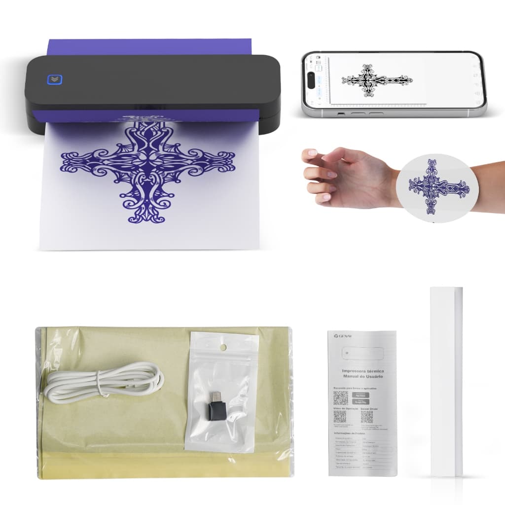 Impressora Térmica A4 D80 – Para Tatuagem, Documentos e Etiquetas – Múltiplos Tamanhos – Bluetooth