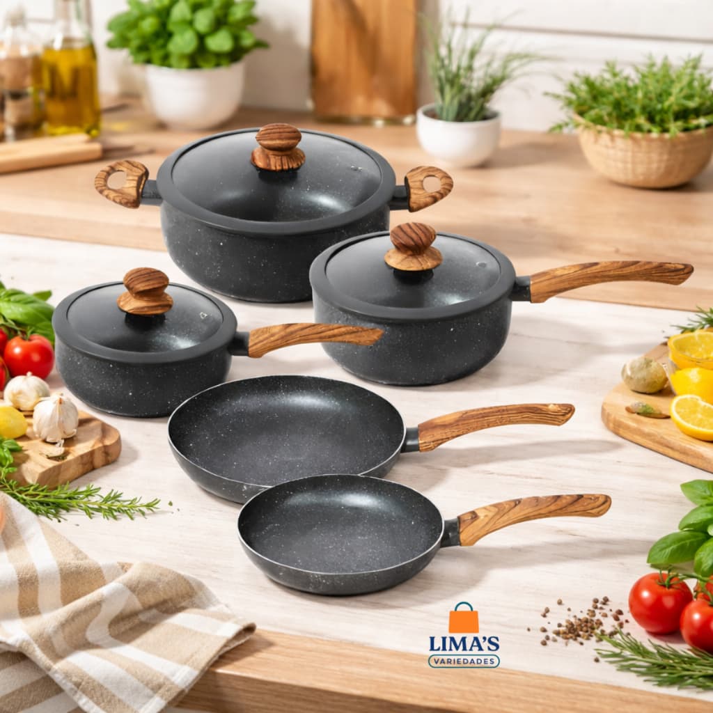 Jogo De Panelas Antiaderente Revestimento Cerâmico Tampa de Vidro Indução e Gás 5 Peças