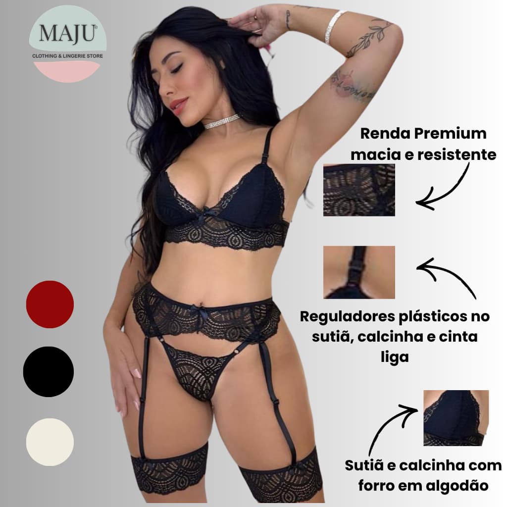 Conjunto Lingerie Trio Cinta Liga Sexy de Renda Sensual com Perneira e Sainha