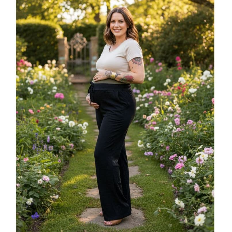 Calça Gestante Alfaiataria Pantalona Grávida cintura com Elástico e tira e Bolso lateral acompanha o crescimento barriga