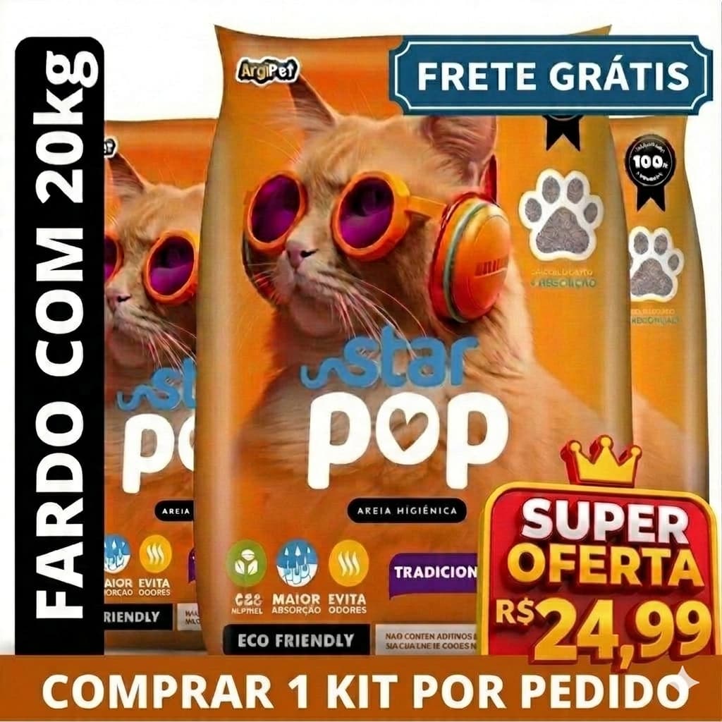 Kit 20 kg Areia Sanitária Gato Natural Argila Absorvente Ecológica (Antiodor) - Star Pop Tradicional