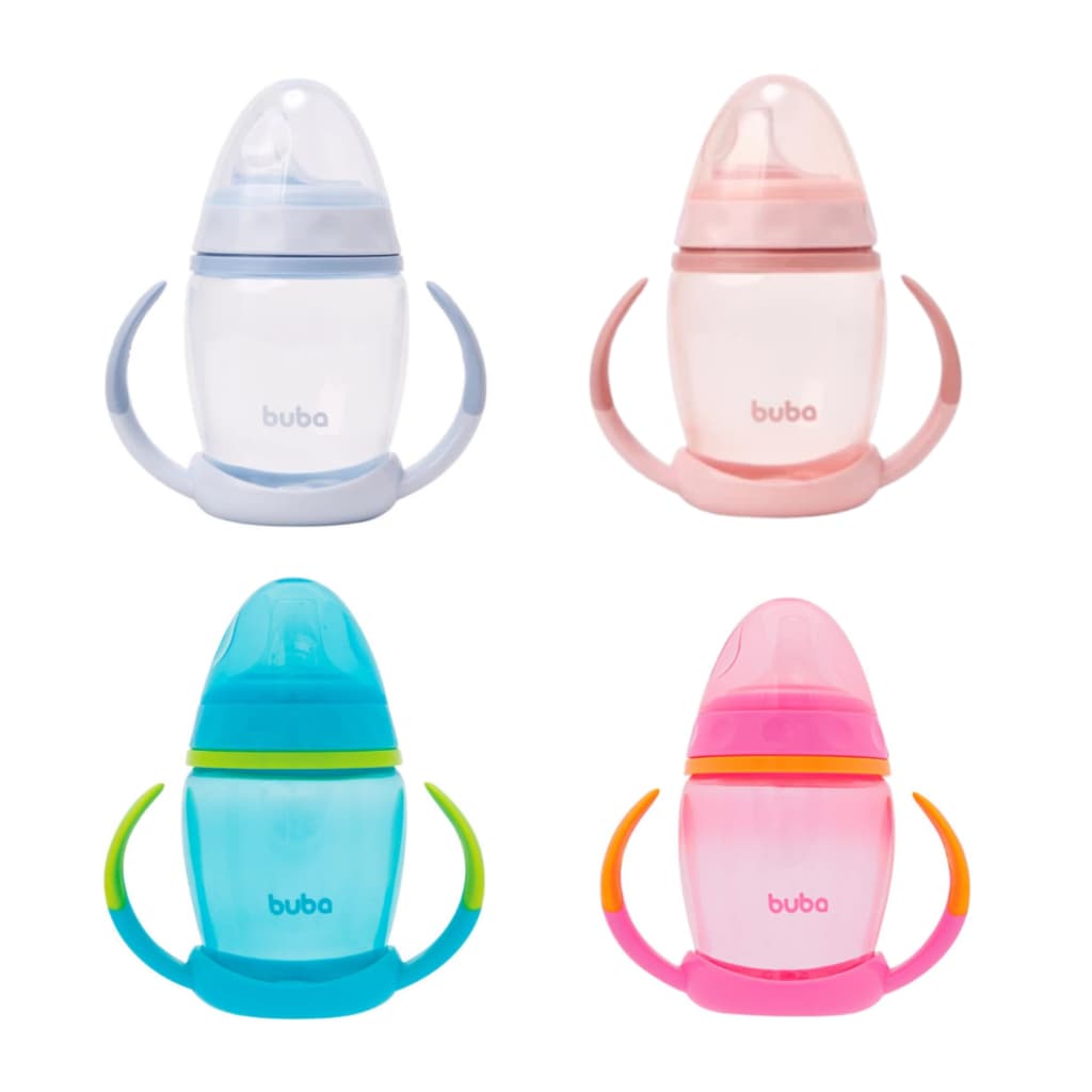 Copo de Treinamento Bebê com Alça Removível 250 ml Azul/Rosa Bico Silicone Buba