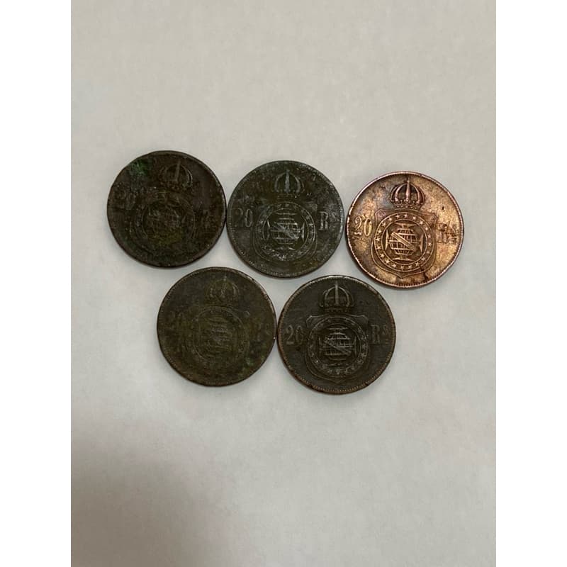 lote com 5 moedas de 20 réis 1869