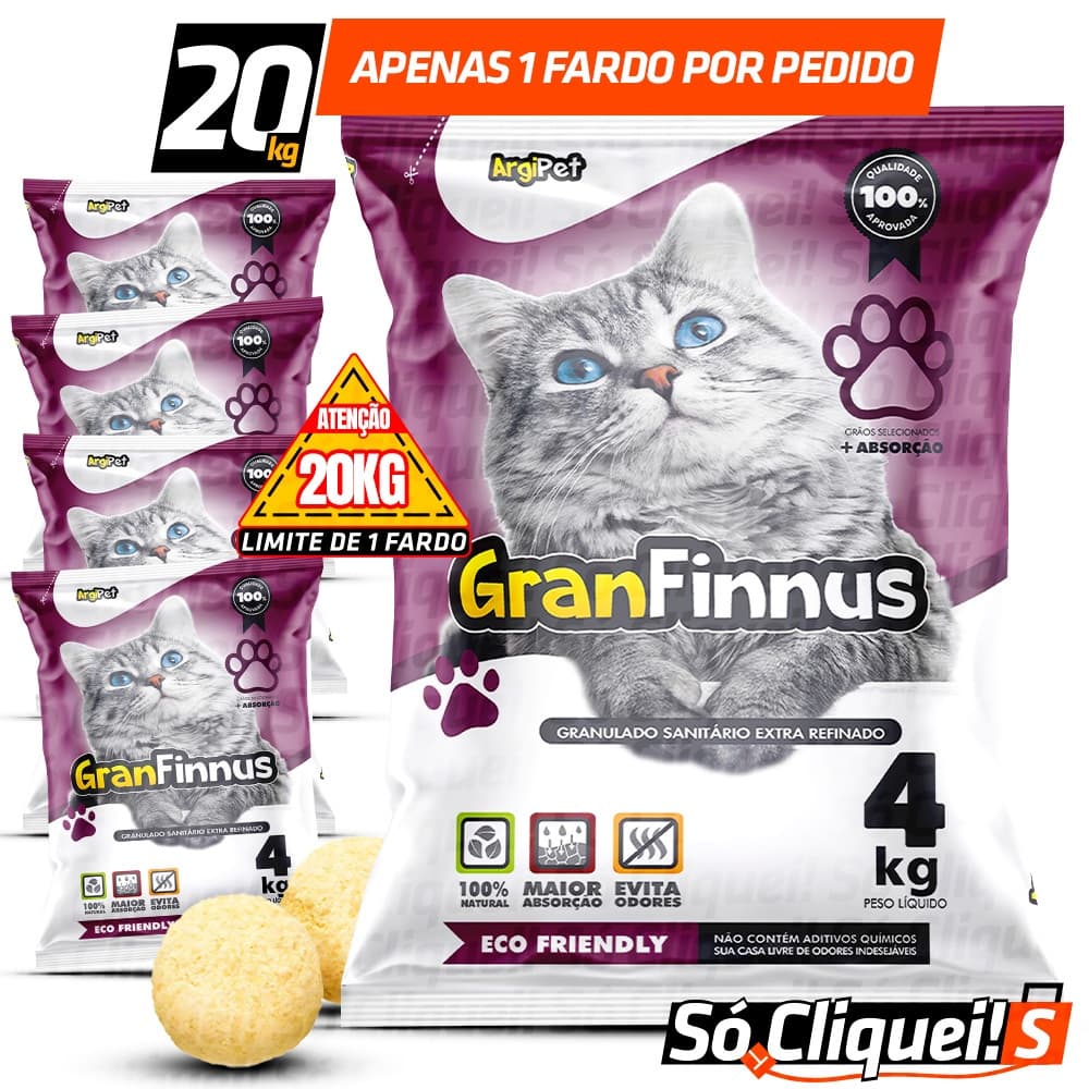 Kit 5 Pacotes Fardo GranFinnnus Granulado de Areia Sanitária de Gato Extra Fina Forma Torrões Firmes Alta Absorção 20KG