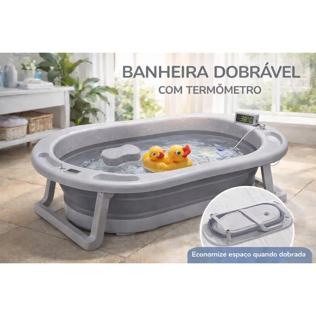 Banheira Bebê Dobrável Infantil Confortável Segura Com Termômetro Portátil De Banho Awiki