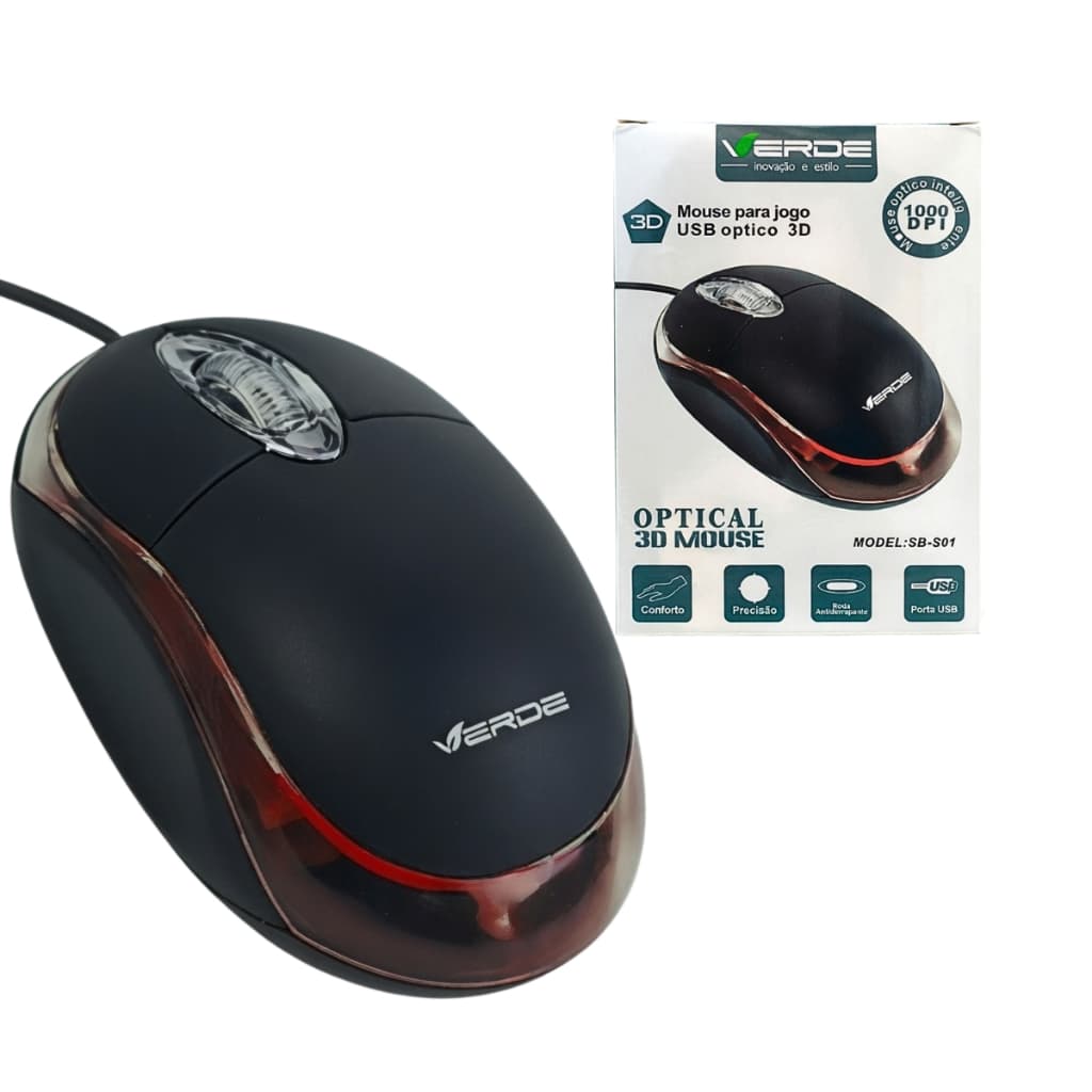 Mouse Óptico 3D USB 1000 DPI Para PC e Notebook Ergonômico Design Confortável