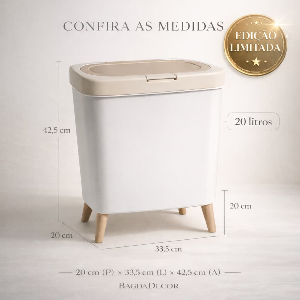 Lixeira De Plástico 9/8 Litros Branca Com Pés De Bambu Com Tampa Click De Pressão Cozinha Banheiro