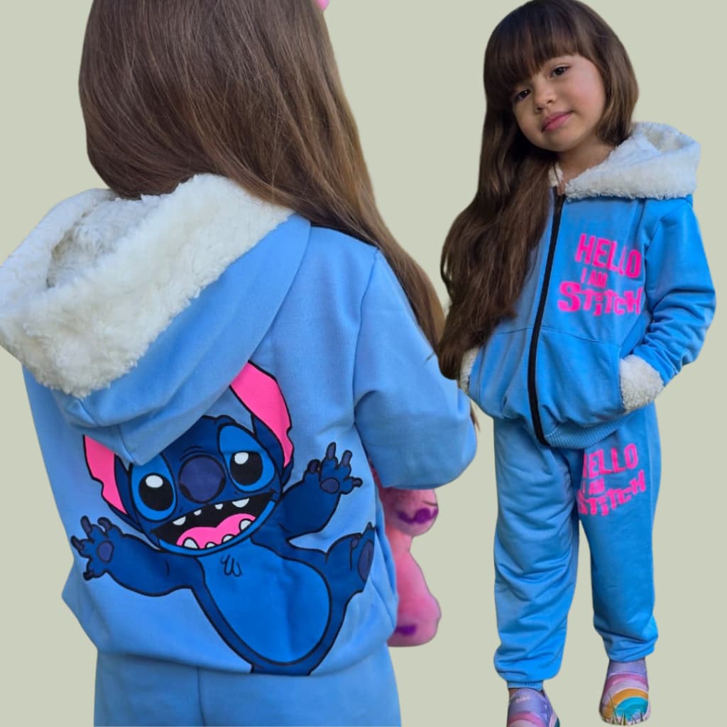 Conjunto Stitch Menina Inverno de Moletinho  com Zíper, Capuz, Bolso Pelinho no Punho e Capuz