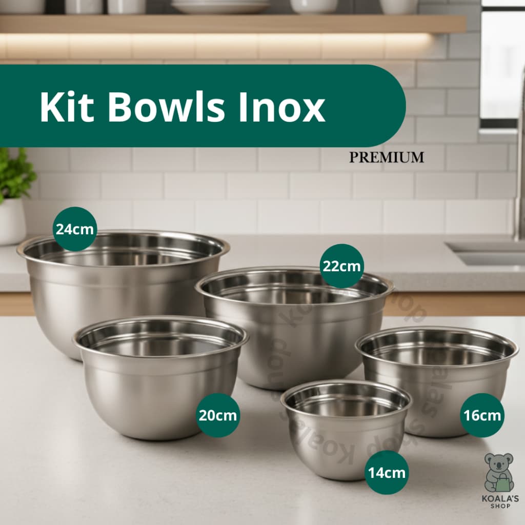 Conjunto Bowl Inox Kit Peças Tigela Inox Empilhável 14cm 16cm 20cm 22cm 24cm Gamela Bacia Cozinha