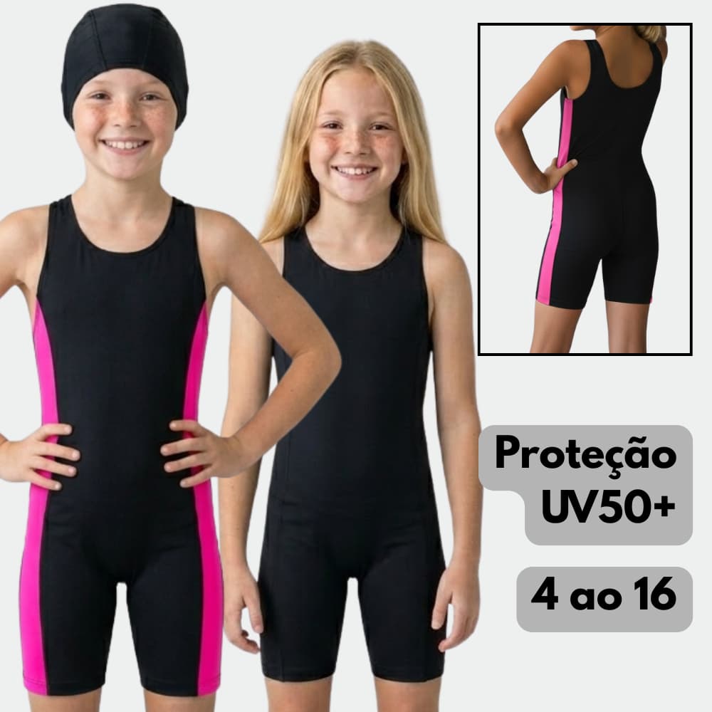Maiô Infantil Feminino Macaquinho Juvenil Para Praia e Piscina Com Perninha em Suplex + Touca Proteção UV50+ do 4 ao 16