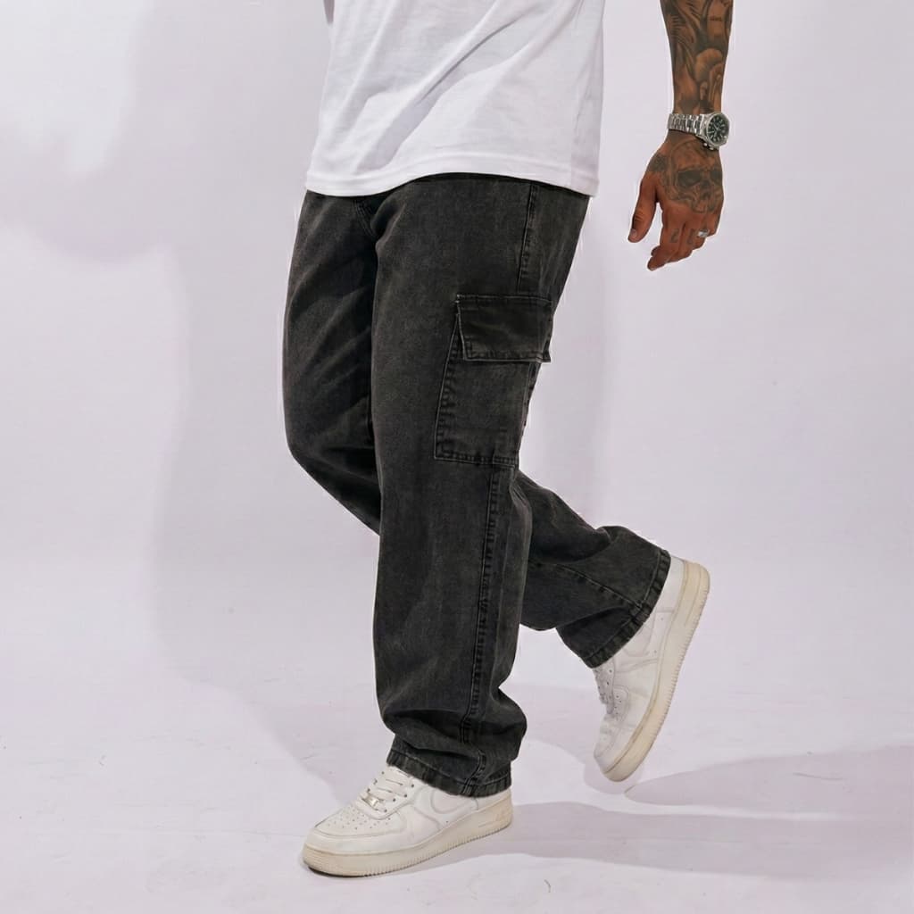 Calça Jeans Cargo Masculina Streetwear Preta Mescla
