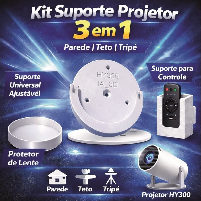 Kit Suporte Projetor HY300 Parede, Teto, Tripé - Protetor de Lente + Sup. Controle – Pronta Entrega