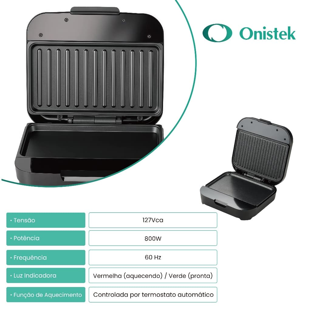 ON Sanduicheira Elétrica Antiaderente Preto 800W Termostato Modelo ON-FE406 127V ou 220V