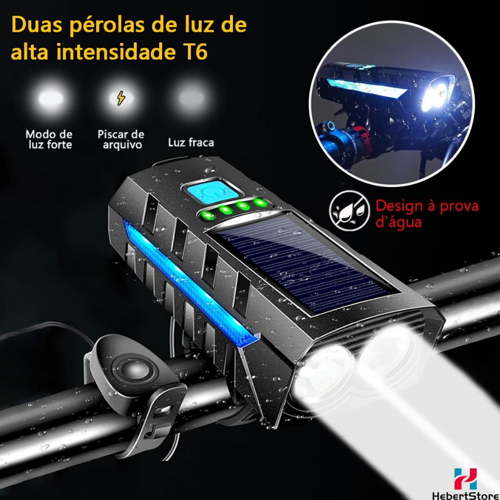 Energia solar Lanterna Bike Com Buzina/Power Bank 3 Em 1 Multifuncional 16H 4000 Lúmens Recarregável À Prova D'Água