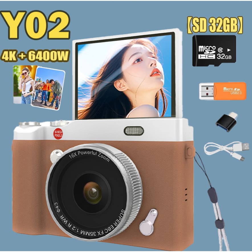 2026 Novo Y02 produto Campus CCD 4k 8x HD câmera Digital estudante câmera Presentear SD 32GB