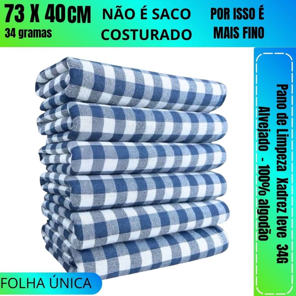 Pano De Chão Xadrez Azul 73x40 Kit com 10 - Folha Única - Não é Saco Costurado 100% Algodão