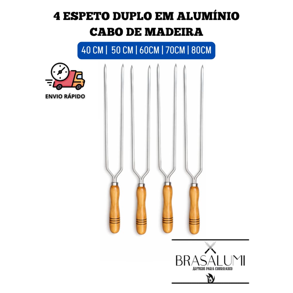 kit 4 espetos duplos para churrasco em alumínio cabo de madeira