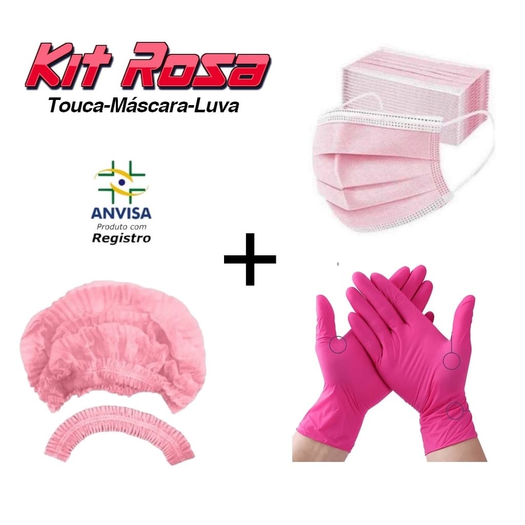 Kit luva nitrílica + mascara + touca TNT ROSA com REGISTRO ANVISA