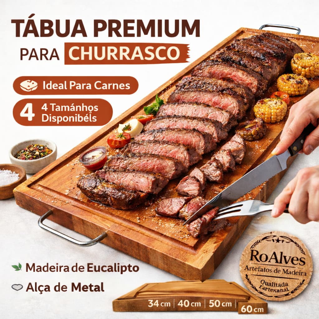 Tábua de Churrasco Corte de Carne Rústica Madeira Grande Eucalipto com Alça Inox  Premium