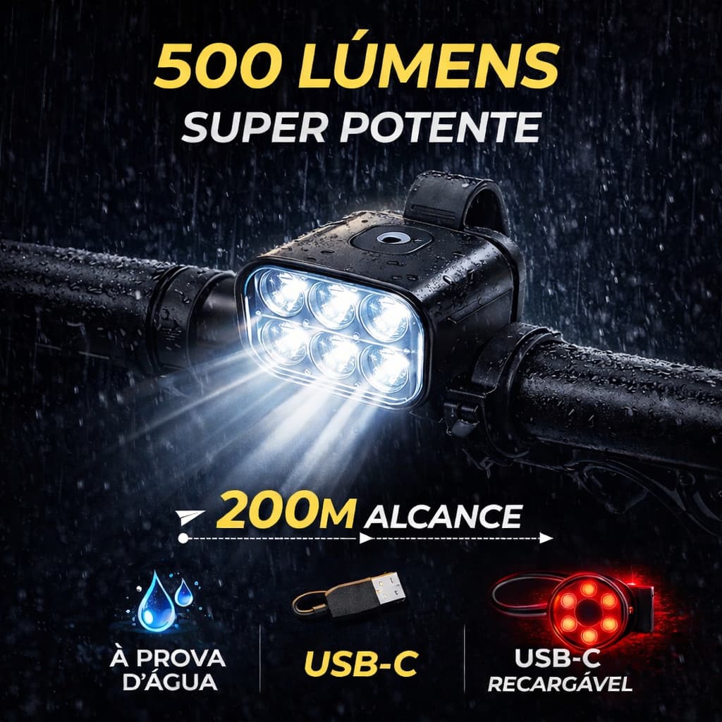 Kit Farol Bike 500 Lúmens USB-C Recarregável + Lanterna Traseira 7 Modos À Prova D'Água Para Ciclismo MTB