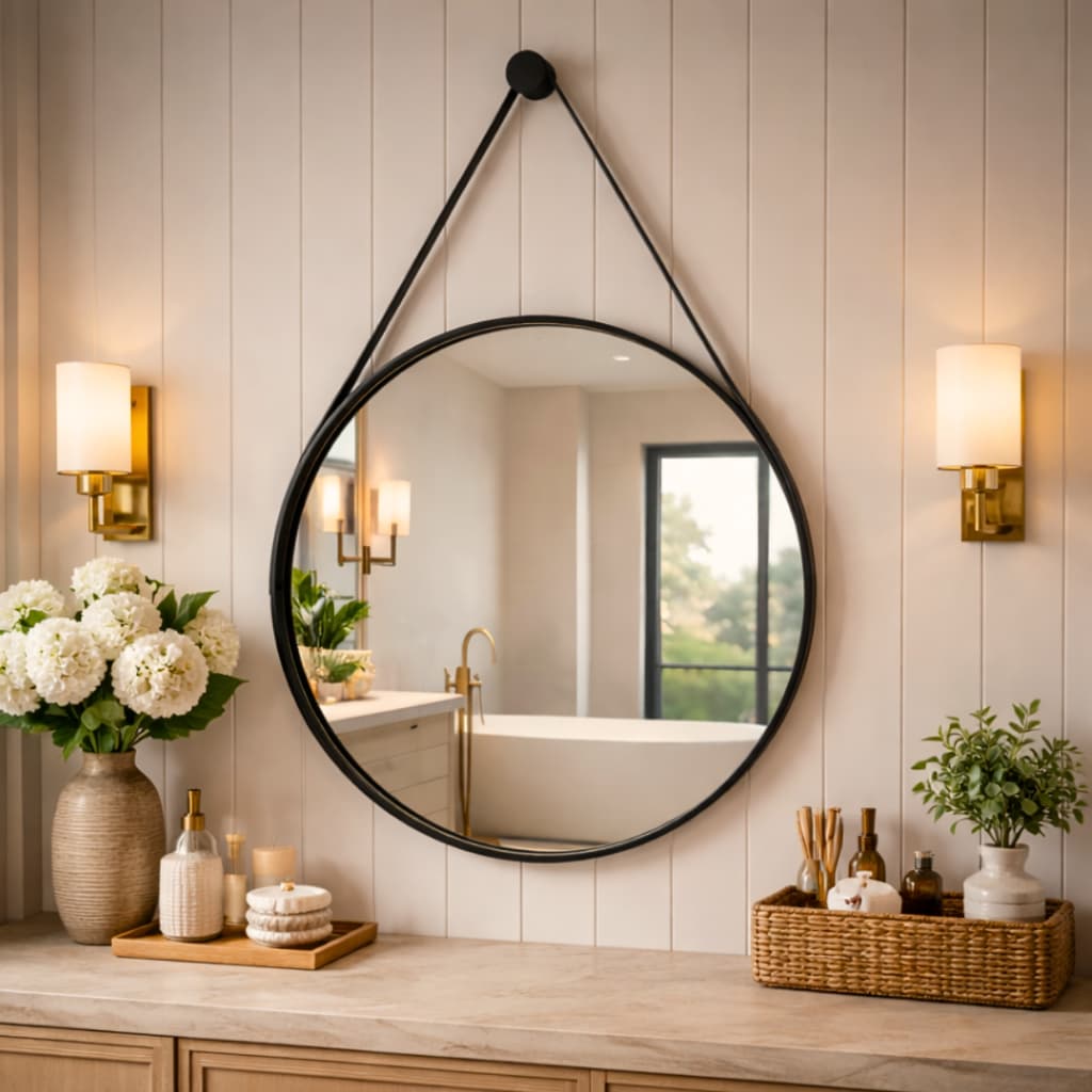 Espelho Redondo 40cm Adnet Couro Suporte Personalizado Elegante Decorativo Prático Anatômico