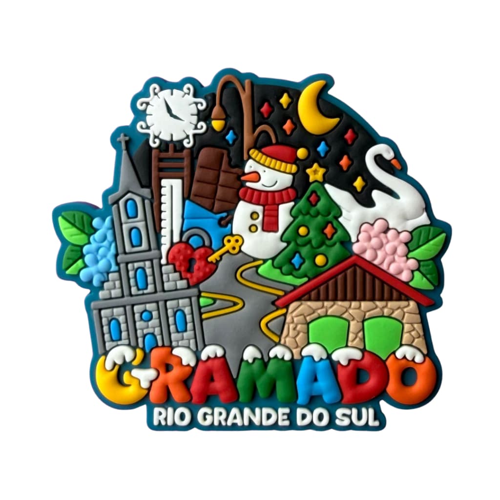 Imã de geladeira emborrachado Gramado RS - Lembrança Pórtico Rua Torta Lago Negro Igreja Natal