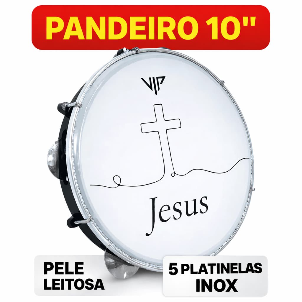 Pandeiro  Profissional 10 Polegadas Pele Leitosa Vip Jesus 5 Platinelas em Inox