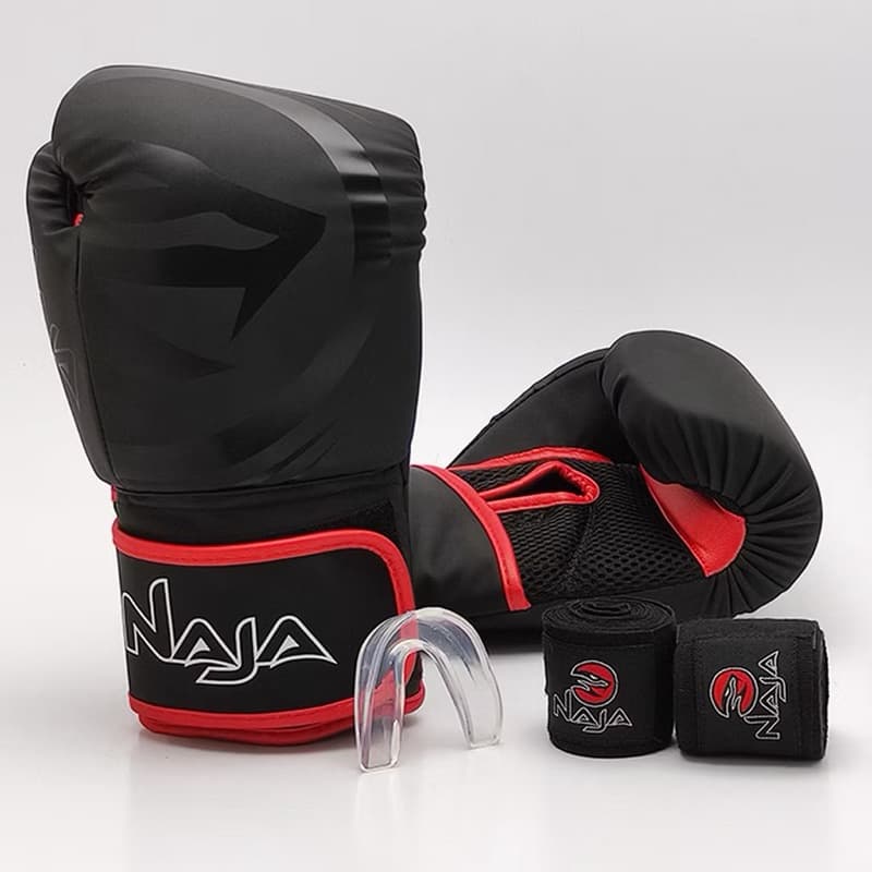 Kit Completo Luva de Boxe Naja Black /Luva de Muay Thai Naja + Bandagem + Protetor Bucal + Bolsa - Para Boxe / Muay Thai