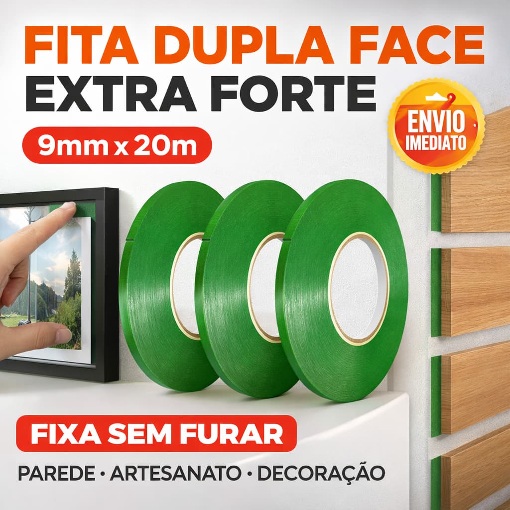 Fita Dupla Face de 9mm com 20 Metros Extra Forte Para Parede, Artesanato e Decorações-Envio Imediato