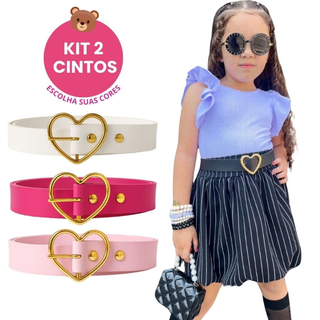 Kit 2 Cintos Infantil Menina Fivela Coração Dourado Blogueirinha Ajustável Cinto Feminino Kids