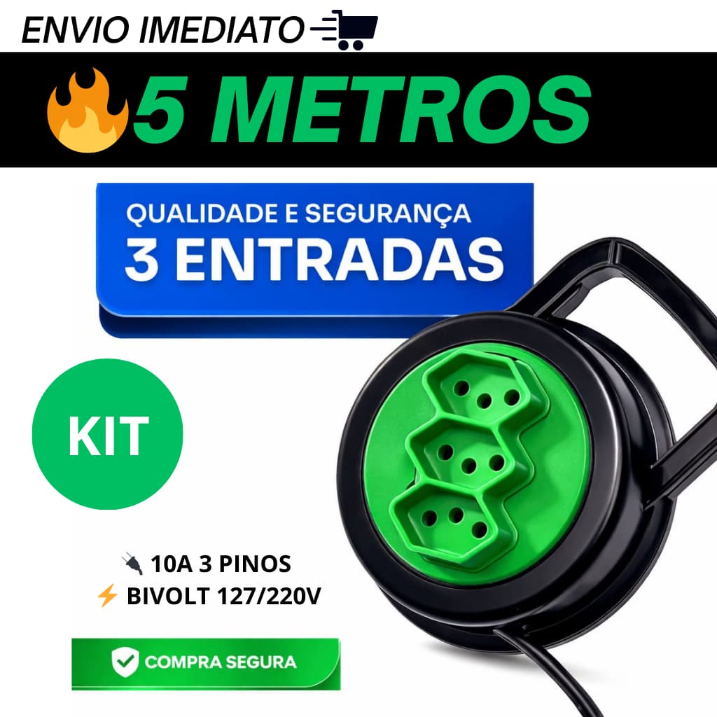 EXTENSÃO ELÉTRICA RETRÁTIL REDONDA 5 METROS 3 TOMADAS 10A BIVOLT 127V/220V CABO 2X0,75MM