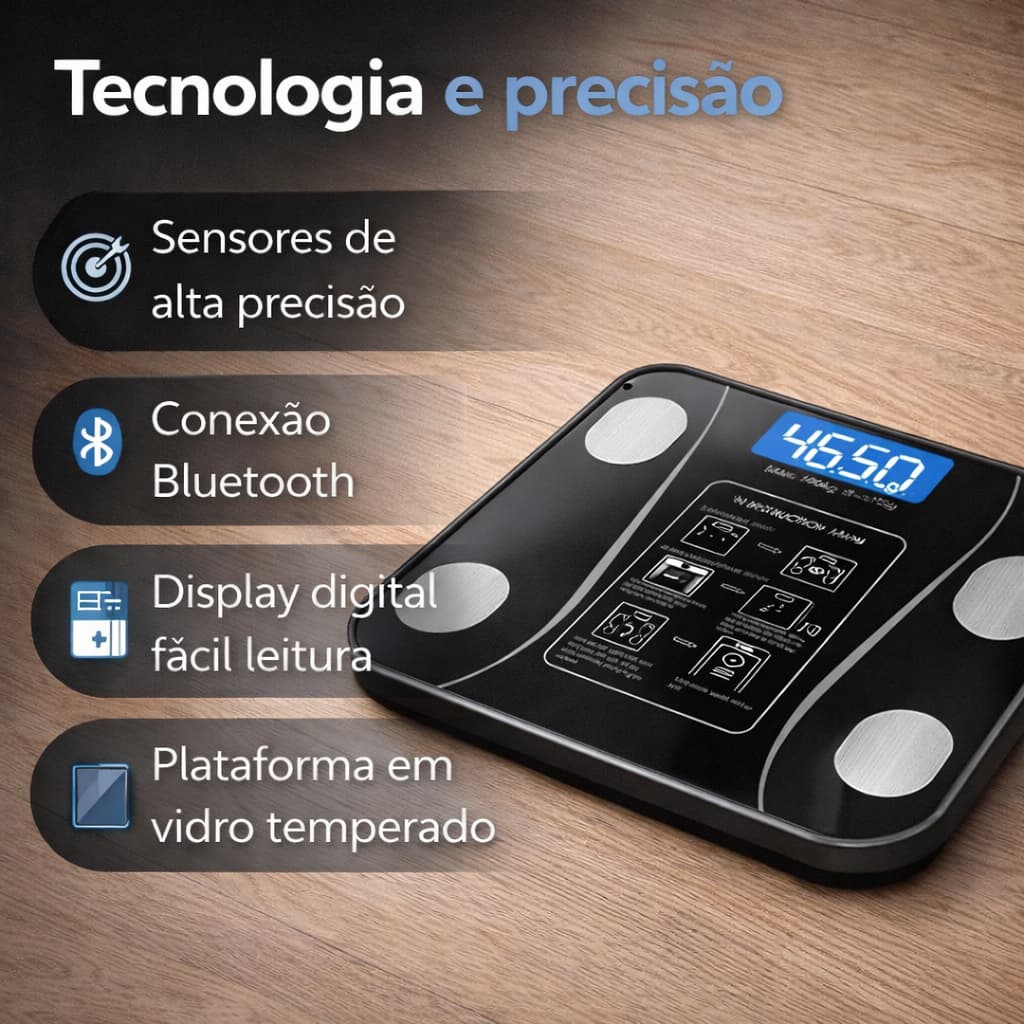 Balança Digital Bioimpedância Bluetooth 140kg Inteligente Gordura Corporal IMC App Fitness Preta