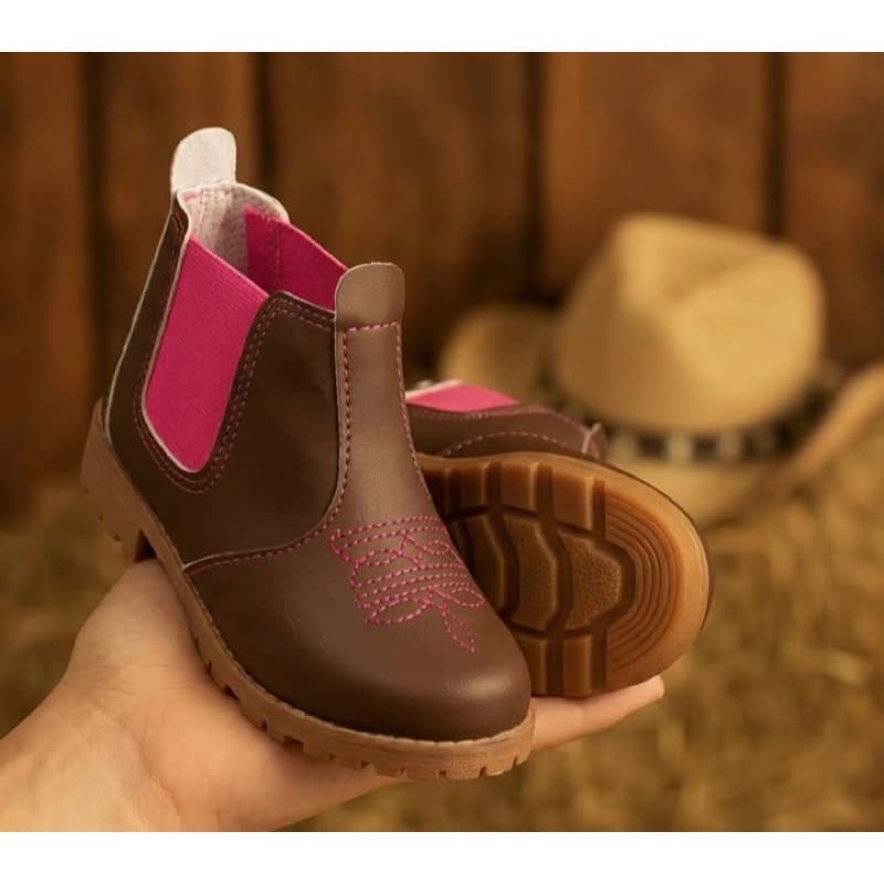 Bota Infantil Country Menina Confortável Botina Rosa Bordada Antiderrapante