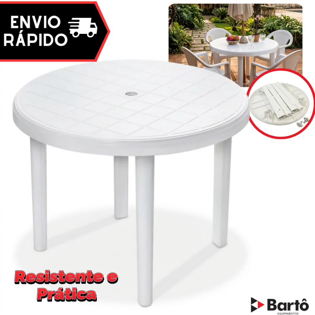 Mesa Plástico Redonda Desmontável Jardim Branca Dobravel