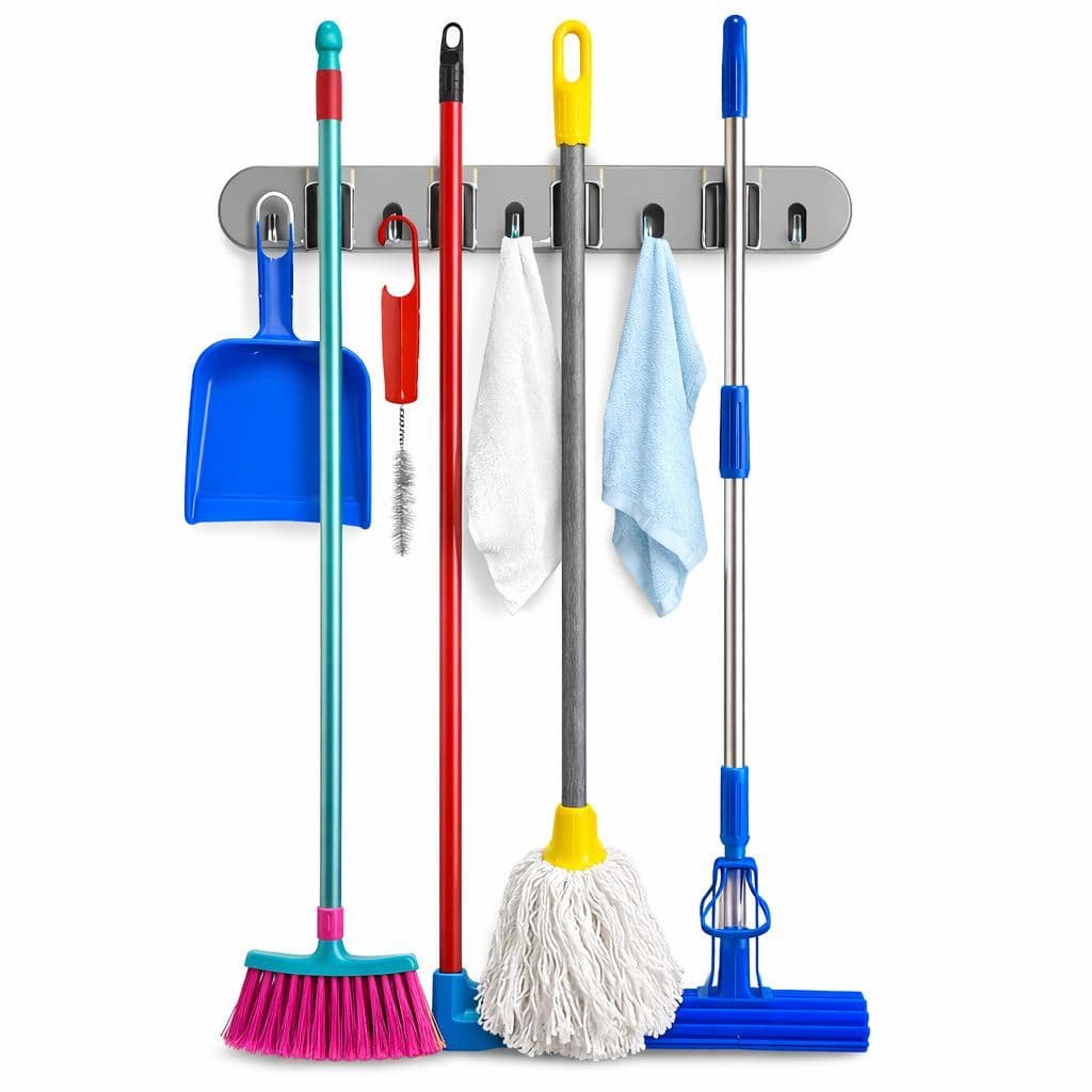 Suporte Parede Organizador Vassoura Rodo Pá Mop Pano Chave Cinza