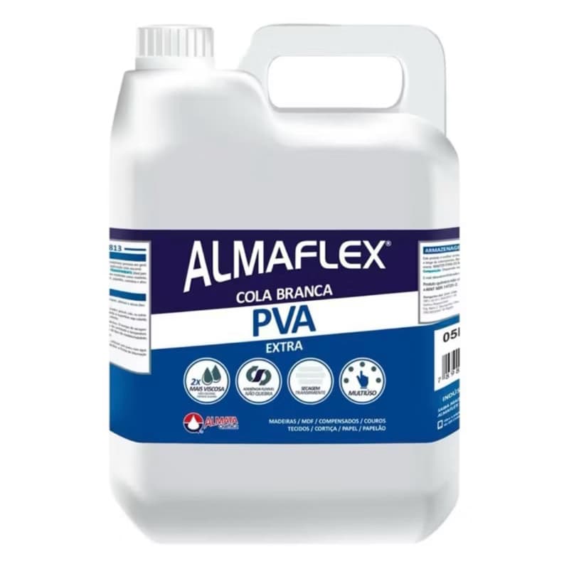 Cola Branca PVA Extra Almaflex 5kg - Secagem Transparente e Flexível, Alta Adesão
