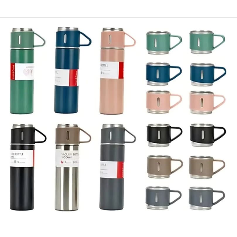 Kit Garrafa Térmica 500ml Vacuum Flask Set 1Garrafa Inox e 2 Tampa De Xícaras Bebidas Quentes/Frias (3042)
