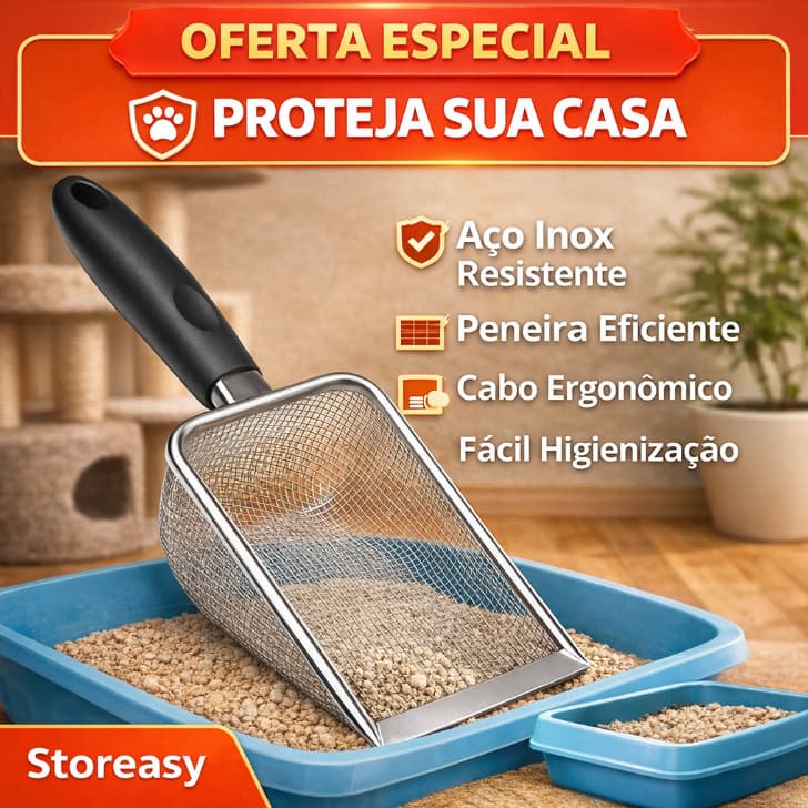 Pá Coletora Areia de Gato Aço Inox Peneira Higiênica Cabo Ergonômico Limpeza Caixa Areia | Storeasy