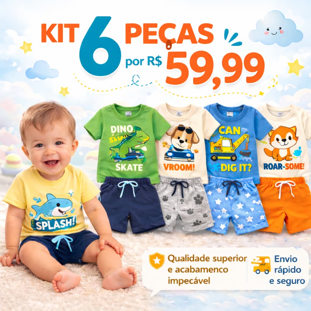Kit 6 Peças Roupa Bebê Menino Verão Conjunto Infantil Masculino Camiseta e Short Algodão