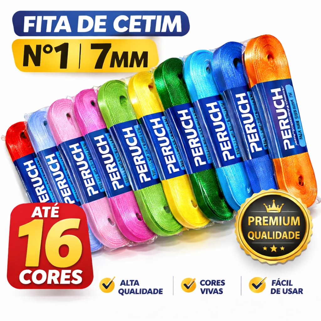 Kit 16 Fita de Cetim Fina N°1 7mm Todas as Cores | Até 160 Metros - Presente Artesanato e Costura