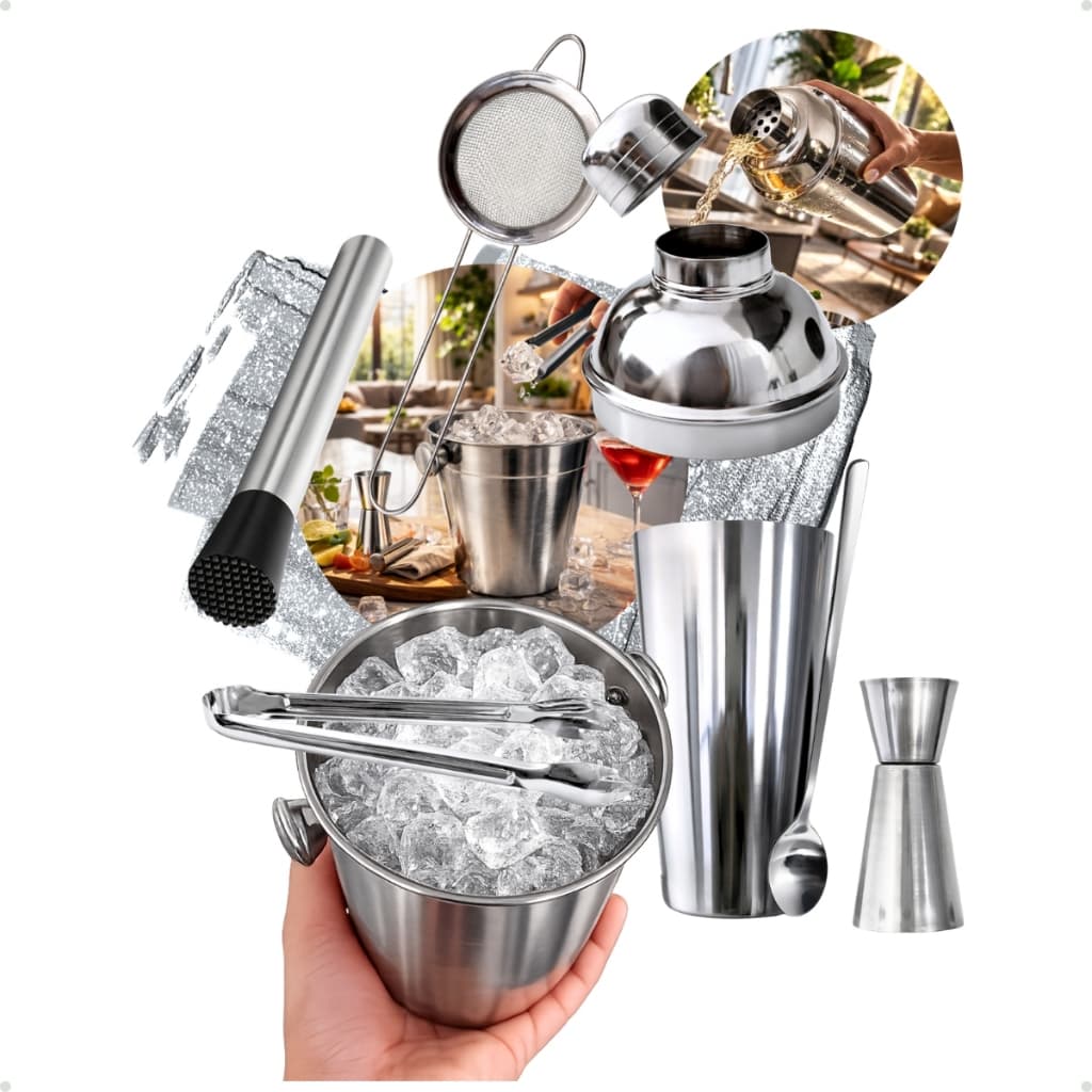 KIT Caipirinha Bartender 7 pçs Inox Coqueteira Socador Dosador Balde Colher Pegador Peneira Completo